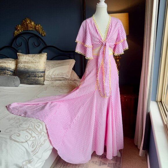 Pink and White Striped w Yellow Trim Flounce Tie Top and Maxi Skirt Set - Picture 1 of 15